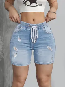Women's Ripped Decorate Denim Shorts, Vintage Fashion Casual Fit Drawstring Waist Adjustable Denim Shorts for Daily Outdoor Wear, Ladies Bottoms for Spring & Fall