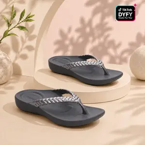 Aetrex Vicki Braided Thong Sandal - Pewter Gloss | Arch Support Sandals for Foot Pain Relief & All-Day Comfort | Lightweight Walking Flip Flops