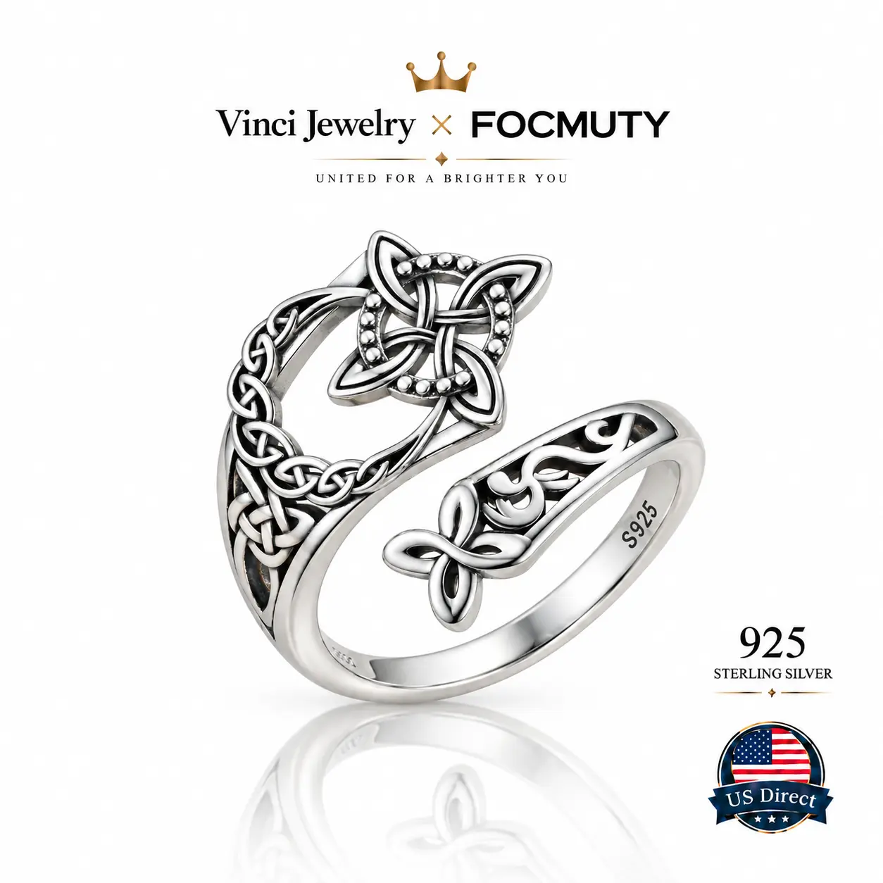 FOCMUTY 925 Sterling Silver Witch Knot Ring Gothic Celtic Vintage Mystic Fantasy Open Band Statement Jewelry with Intricate Knotwork, Dark Romantic Pagan Style for Women, Halloween Party & Daily Wear Gift