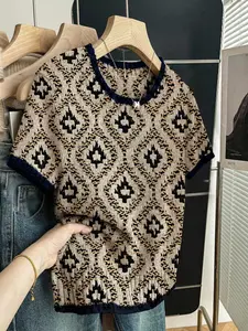 Vintage Diamond Pattern Geometric Print Round Neck Sweater, Casual Short Sleeve Knitwear for Spring Summer Fall, Comfortable Warm Women's Clothing