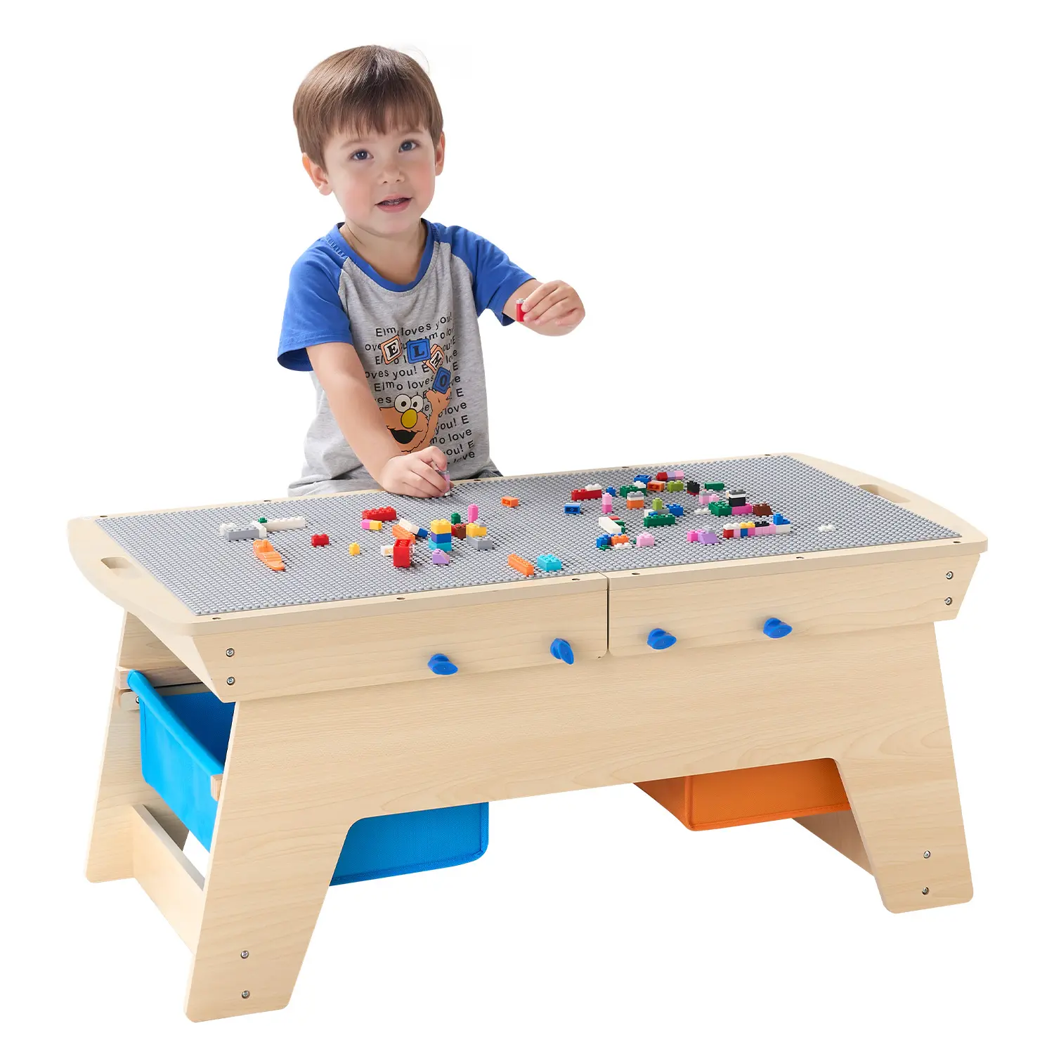 【SummerFinds】VEVOR Kids Reversible Wooden Activity Table & Desk, Multi-Purpose Play Table with 200 Colorful Blocks, 3 Storage Bins, Easy-to-Pull Handles, Large Storage, Natural Finish, Holiday/Birthday Present for Kids 3+/6-8 Years