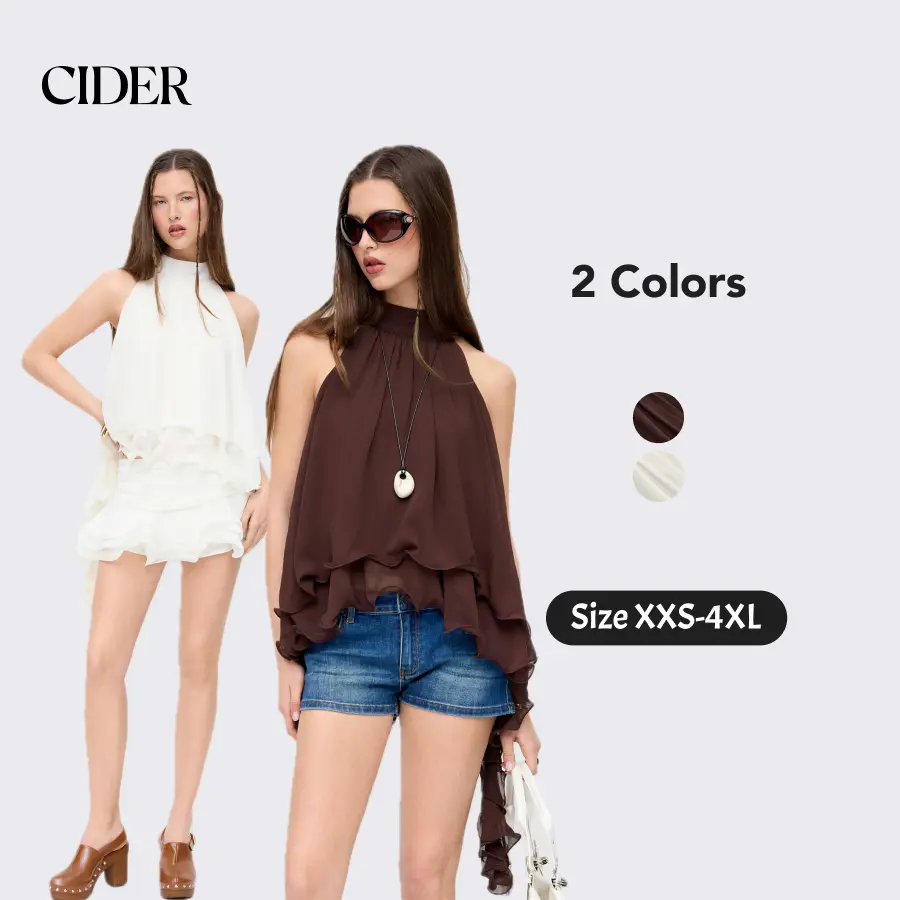 Cider Chiffon Halter Neck Ruffle Hem Oversized Blouse