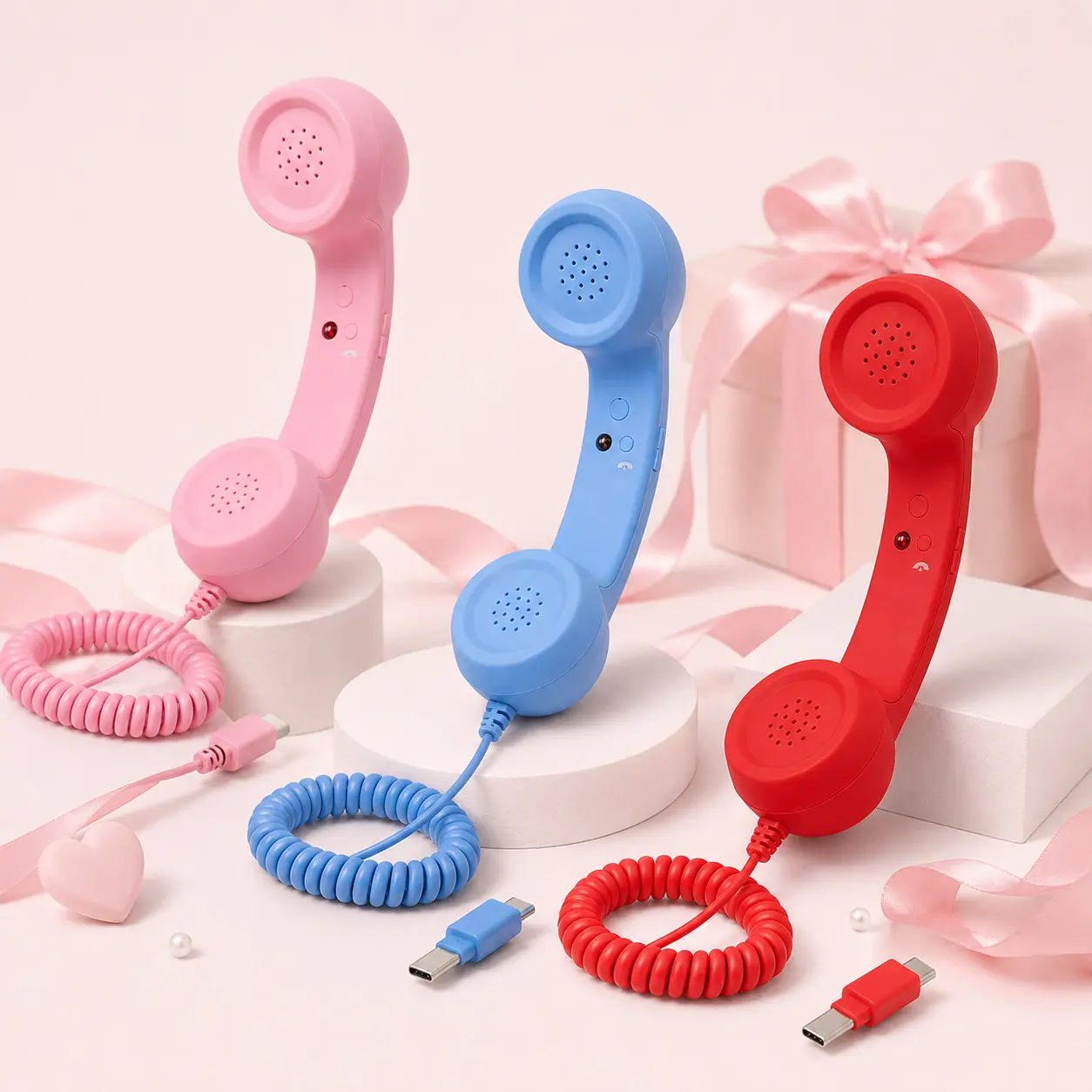 Retro USB-C Wired Phone Handset, Single-Ear Wired Headphone for Smartphones with Built-in Speaker, Mic & Volume Control, Vintage Call Accessory, Fun Gift for Teens & Family