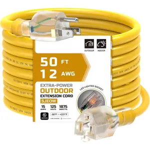 Outdoor 12/3 Extension Cord 12AWG 50FT 15Amp 1875Watts, TPE Rubber SJEOW (-58?F to +221?F) Lighted Power Cord, Yellow, UL Certified (50ft/15.24m)
