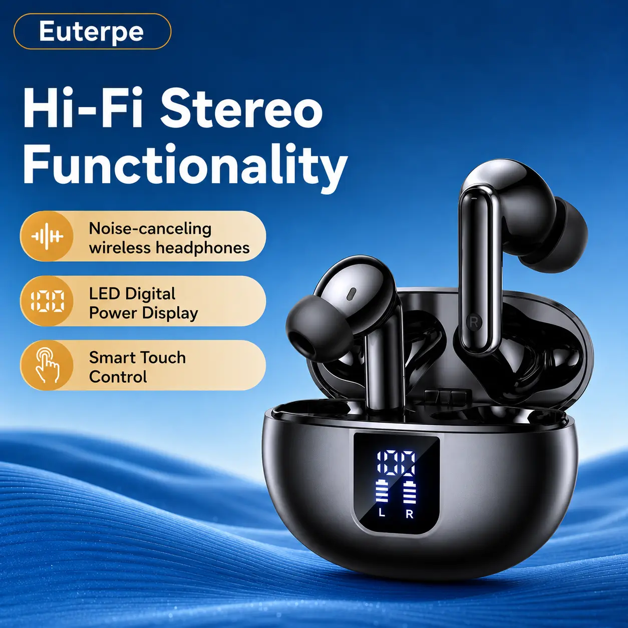 Euterpe Wireless In-Ear Earphones with  Noise Reduction & Hi-Fi Stereo, Smart Touch Control & Digital Display Charging Case, 45H Playtime Crystal-Clear Calls & Powerful Bass, Ergonomic Lightweight Headphones for Fitness, Office & Travelers.