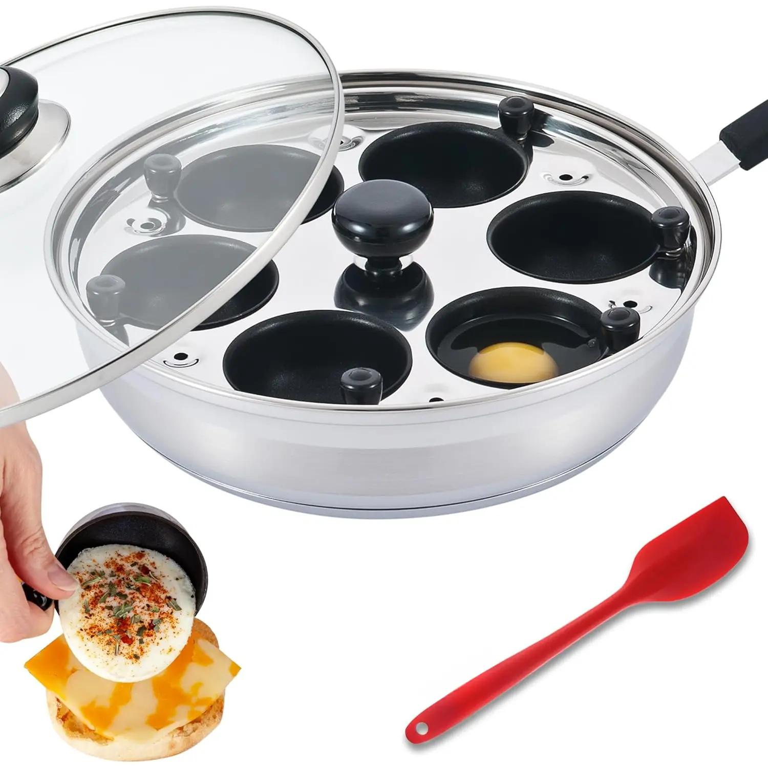 Egg Poacher Pan Nonstick Poached Egg Maker, Stainless Steel Egg Poaching Pan, Poached Eggs Cooker  Grade Safe PFOA Free with Spatula, Egg Poachers Cookware