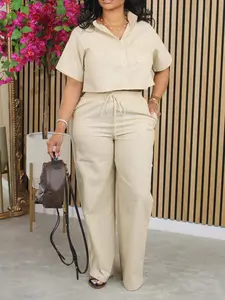 Two-Piece Set Women's Solid Button Front Pocket Shirt & Drawstring Waist Pants, Casual Drop Shoulder Short Sleeve Top & High Waist Trousers for Summer, Ladies Clothes for Daily Wear