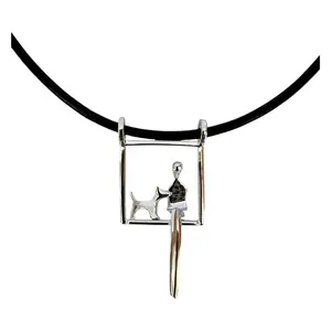 Woman with Dog in Silver Swing Pendant - Matching Leather Cord Included, 925 Silver, Unique Design for Animal Lovers