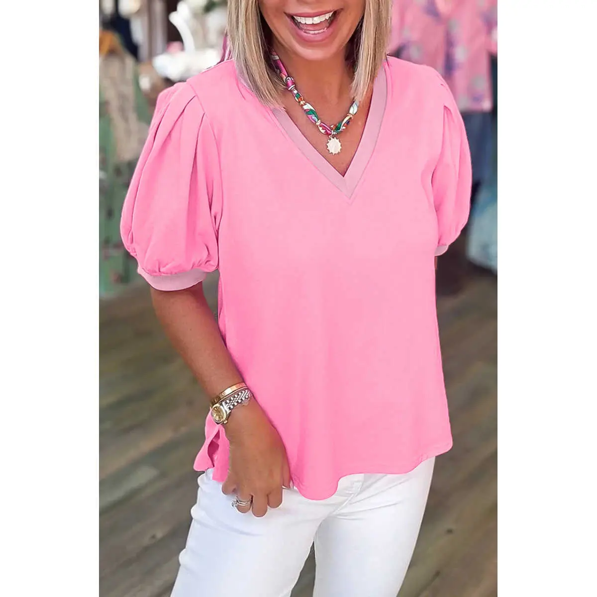 Bonbon Solid Color V Neck Short Puff Sleeve Blouse
