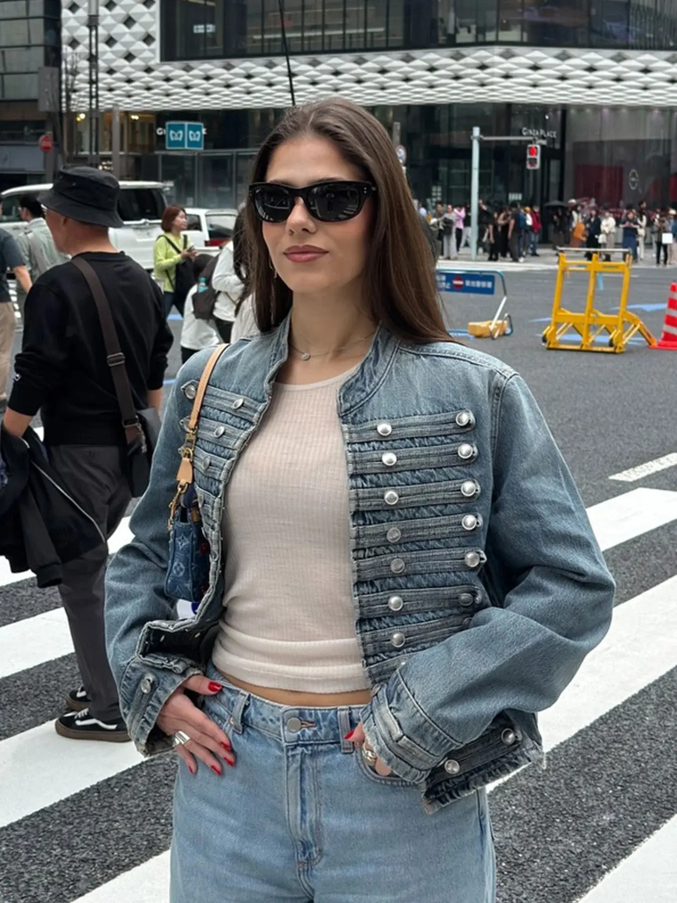 Women's Fashionable Double-Breasted Denim Short Jacket Coats, Long Sleeve Stand Collar Slim Fit, Street Retro Everyday Casual Wear for All Seasons
