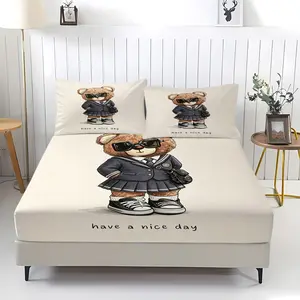 Fashionable and cute cartoon teddy bear pattern printed bed sheet, including 1 bed sheet and 2 pillowcases, anti slip and dustproof cover suitable for bedrooms and guest rooms, suitable for personal use or gift giving