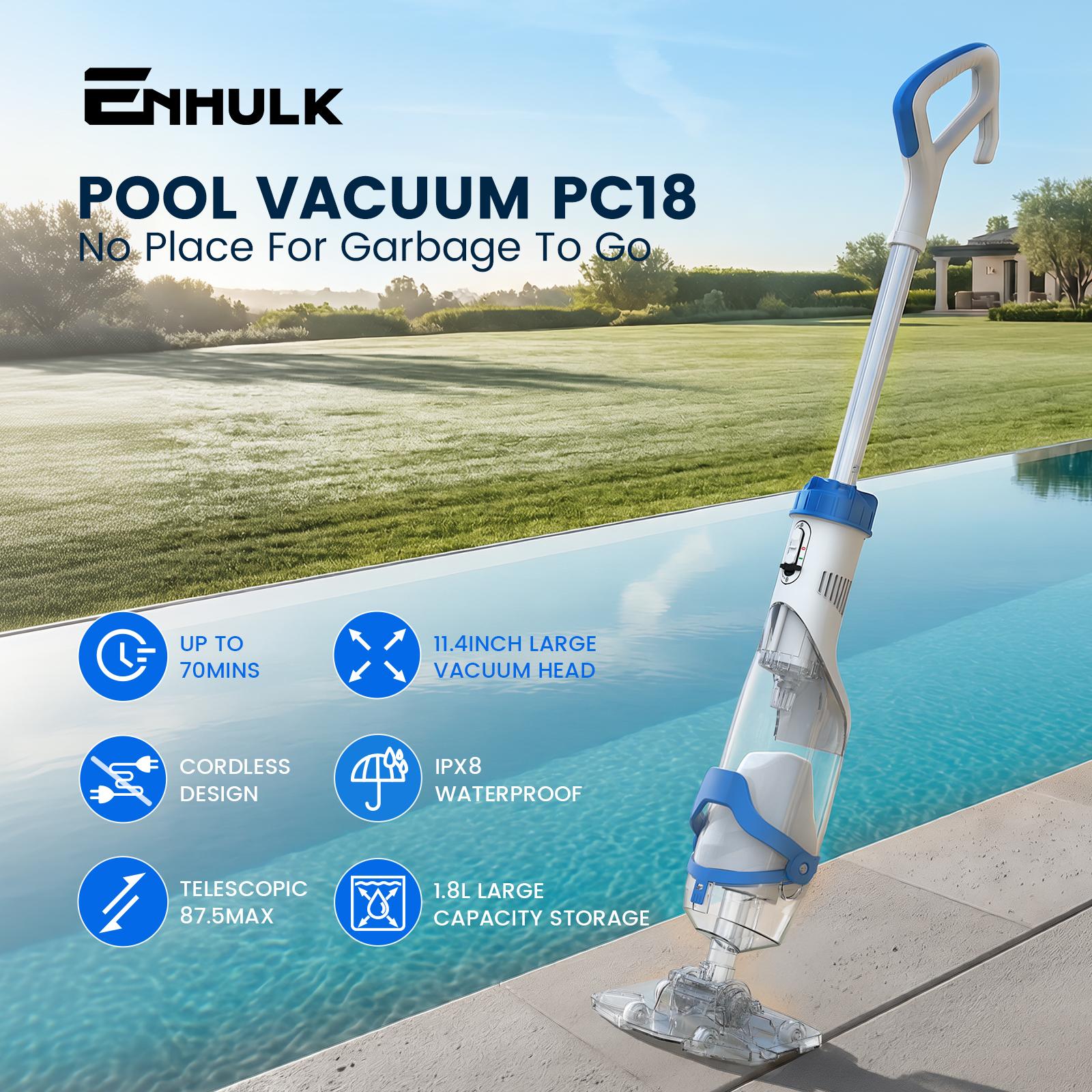【Spring Cleaning】Enhulk New Upgrade PC18 Pool Vacuum for Above Ground Pool with Telescopic Pole, Running time up to 1H, Handheld Design with Powerful Suction up to 18.5 gallon/min Ideal for Leaves, Debris