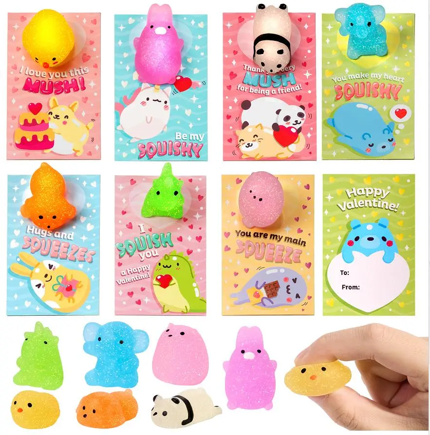28Pcs Kids Valentines Cards With Glitter Mochi Squishy Toys Stress Relief Fidget Toys for Classroom Exchange 2025 Valentine Exchange Cards