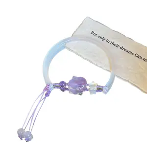 Natural Jade  Half-Bangle, Handmade Woven Adjustable Design, Delicate Fresh Style With Cute Cat Motif