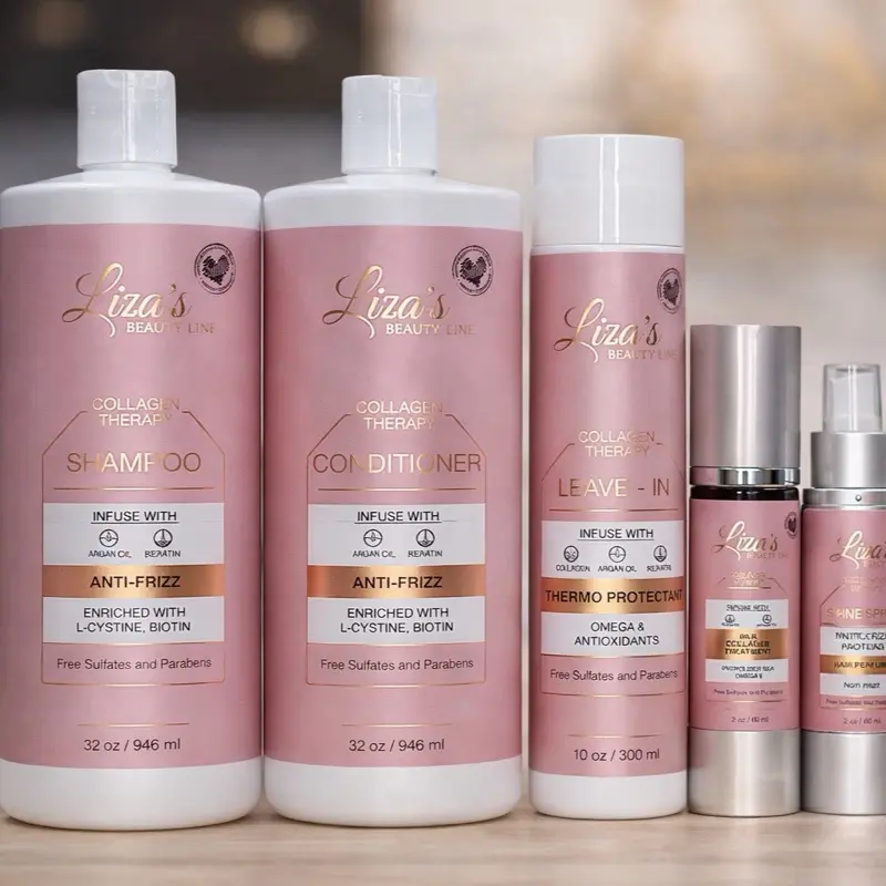 1602- Liza's Beauty Line Collagen Therapy Hair Care Set - 5 Steps with Shampoo Conditioner Leave-In & Oil Enriched with L-Cysteine Biotin Anti-Frizz Formula for Healthier Hair