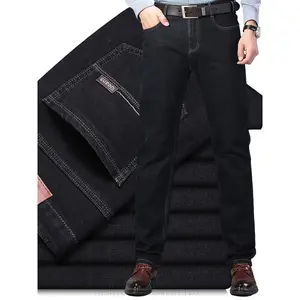 Men's Classic Straight-Leg Stretch Denim Jeans - Water-Washed Black Casual & Business Casual Pants, 50% Cotton Blend with Spandex, All-Season Machine Washable Regular Fit, 350gsm Heavyweight Fabric