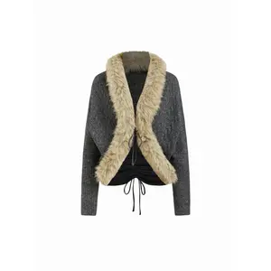 Cider Knit V-neck Faux Fur Trim & Drawstring Oversized Cardigan