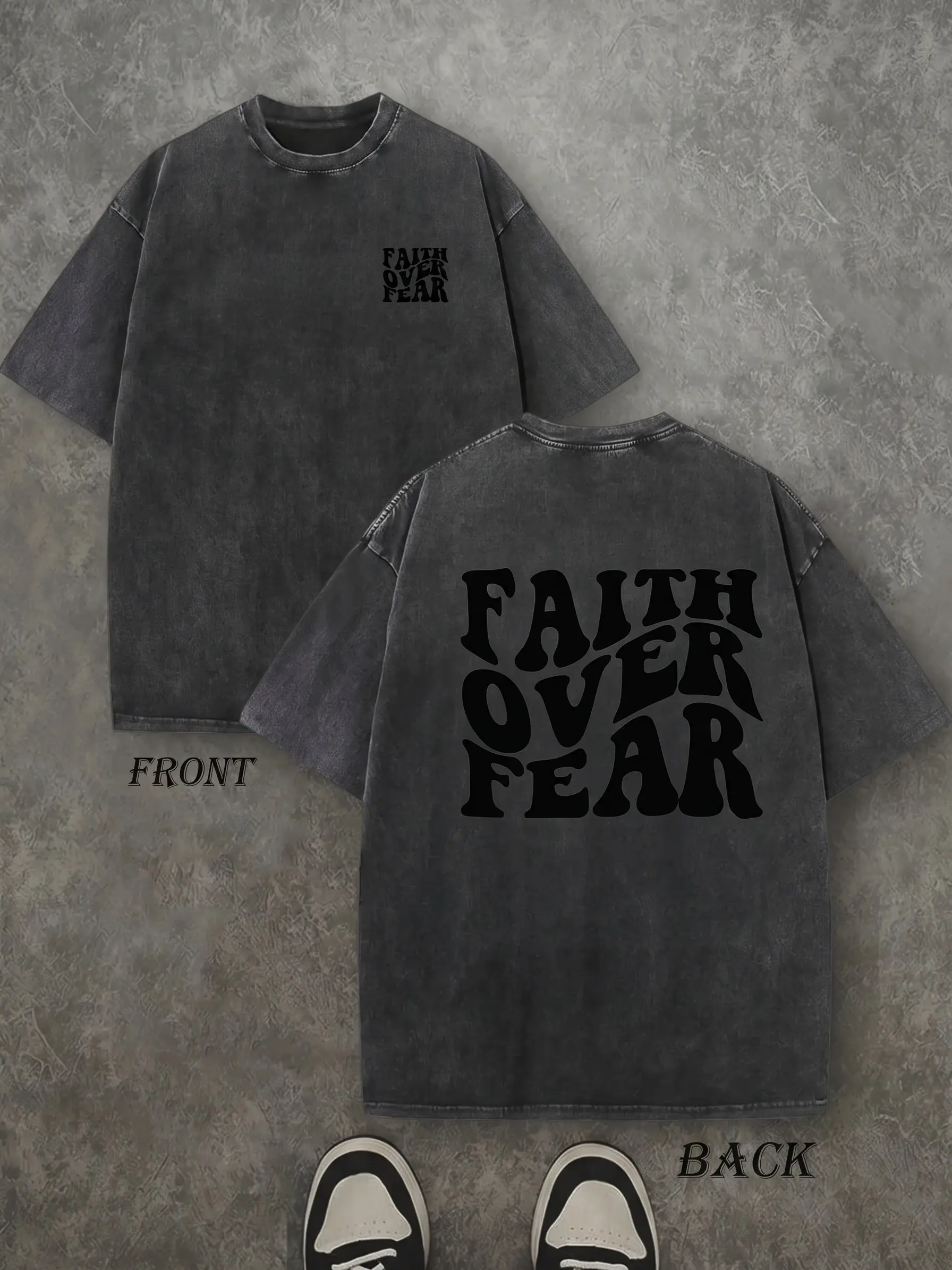 Menswear "Faith Over Fear" Graphic Print Unisex Oversized Baggy Cotton Shortsleeve Round Neck Fabric T-Shirt - Casual Loose Fit Streetwear Essential for Summer, Retro, Graphic Clothing, Vintage Graphic Tees
