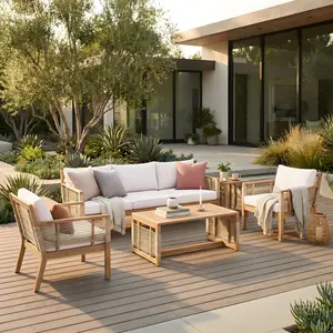 TOPMAX 5-Piece Patio Acacia Wood Sofa Set, Outdoor Hand Woven Rope Conversation Set with 3 Seater Sofa, 2 Chairs and 2 Coffee Tables for Garden, Backyard, Poolside, Teak Look+Beige Cushion