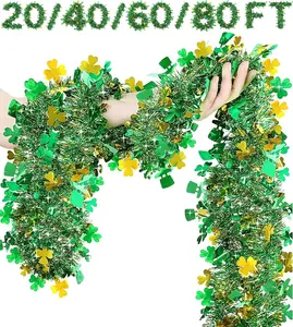 40FT Garland Decor Gold Green Shamrock Hat Tinsel Garland, Shiny Metallic Streamer Twist Garland Hanging St Patricks Day Decorations for Home Indoor Outdoor Party Supplies