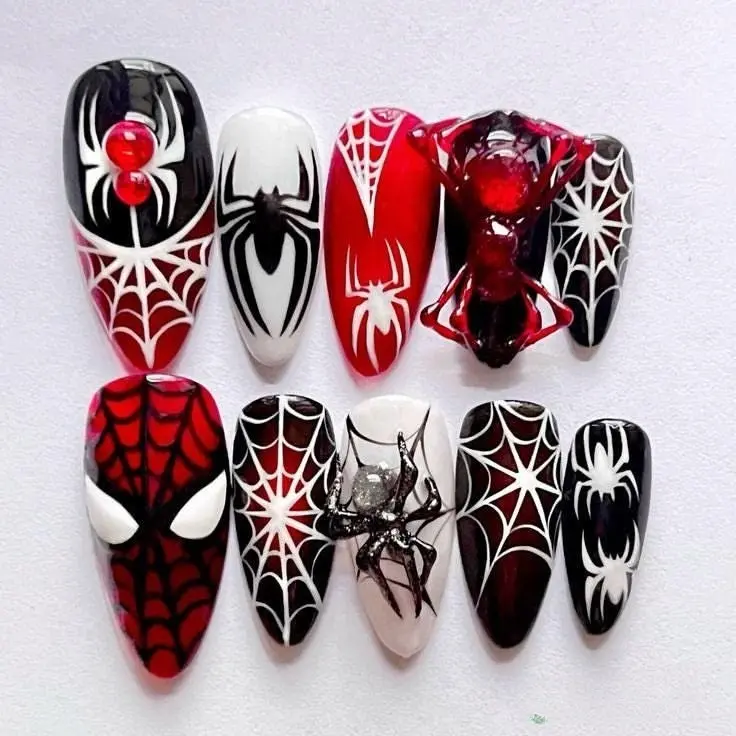 Espiderel Inspired Press On Nails | 3D Red Black espideriel Web Handmade Nails | Superhero Gothic Fake Nails| FREE Adhesive Tabs  Nail File Cuticle Stick