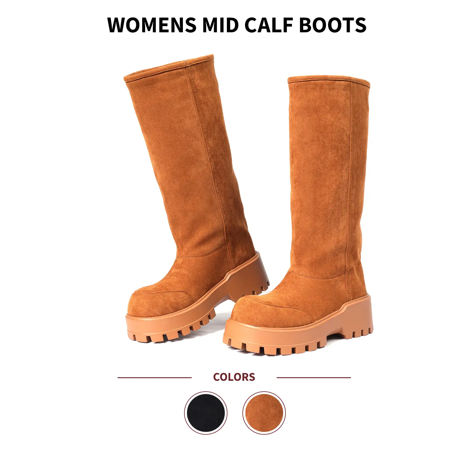 Women's Suede Platform Booties - Round Toe, Chunky Heel Softens Long Wear, Pull-On Entry Saves Time, Cozy Mid-Calf Fit, Fluffy Furry, Comfortable Warm Footwear, Synthetic Material, Ideal for Party Nightout Travel