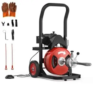 GARVEE Auto Feed Drain Cleaner Machine 100 FT x 3/8 Inch with 370W Motor, Portable Sewer Snake Auger with Wheels, 8 Cutters & Air-activated Foot Switch, Fits 1" to 4" Pipes