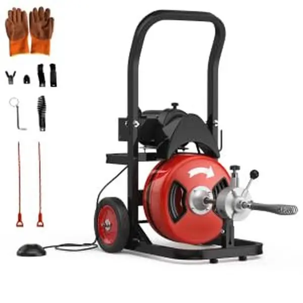 GARVEE Auto Feed Drain Cleaner Machine 100 FT x 3/8 Inch with 370W Motor, Portable Sewer Snake Auger with Wheels, 8 Cutters & Air-activated Foot Switch, Fits 1" to 4" Pipes