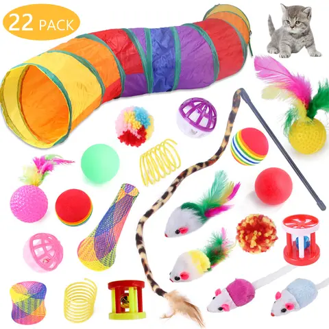 Cute 22pcs Reusable Portable Interactive Cat Toy Set for Kittens - PP Plastic Kit with Rainbow Tunnel, Feather Teaser Wand, Sisal Mice, Bell Balls, Crinkle Balls, Leopard Print Elements for Healthy Exercise, Holidays, Feathers, Digestion Improvement,famil