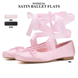 CYNLLIO Womens Satin Ballet Flats Closed Square Toe Chunky Flat Block Heel Elegant Lace Up Bownot Ribbon Ballerina Pumps Strappy Mary Janes Slip On Comfy Wedding Party Casual Work Dating Fashionable Spring Flat Shoes Deals For You Days