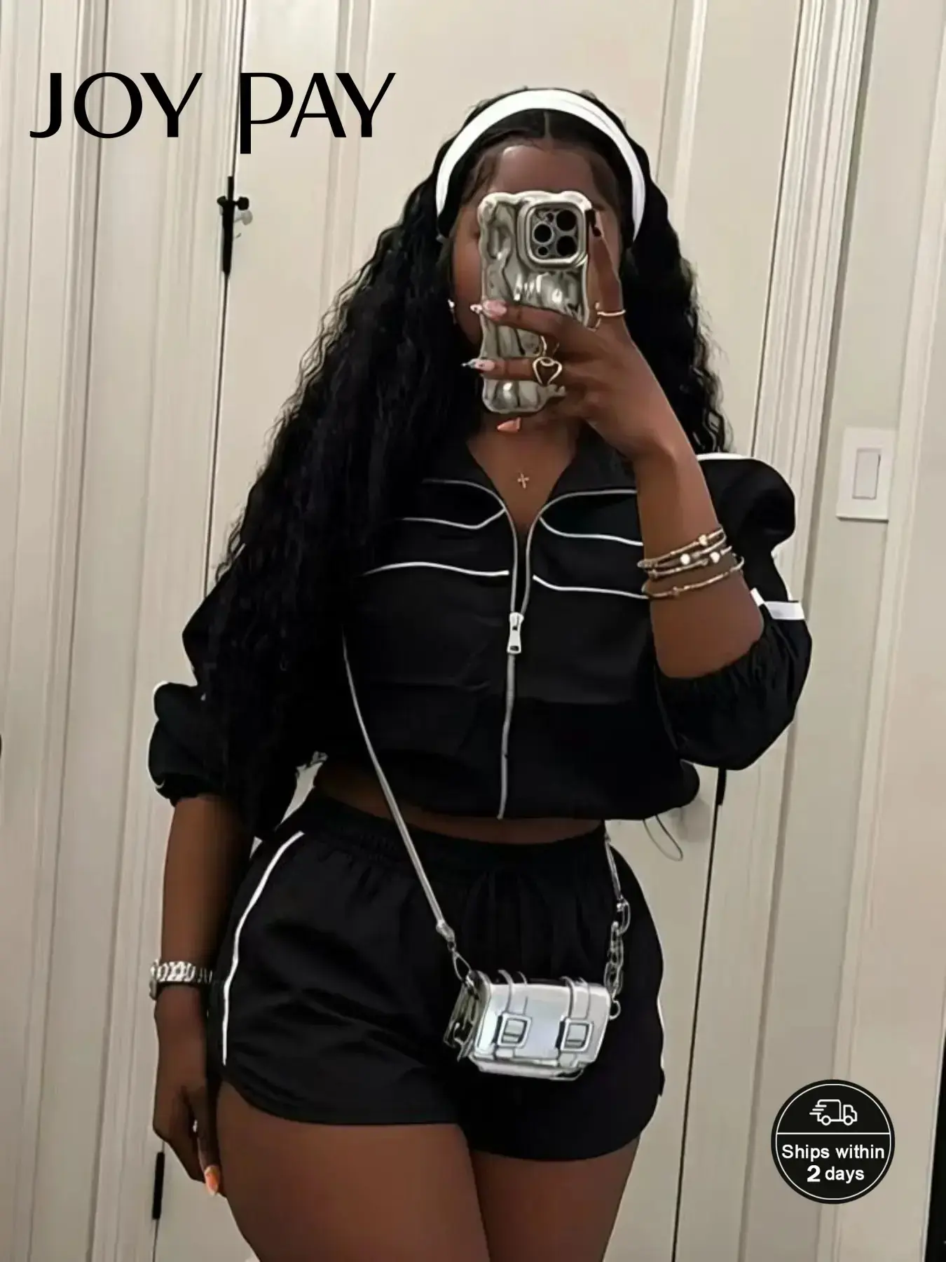 JOYPAY Women's Summer Long Sleeve Zipper Colorblock Crop Top Jacket & Shorts Matching Set, Sporty Two-Piece Set, Casual Fashion Outfit
