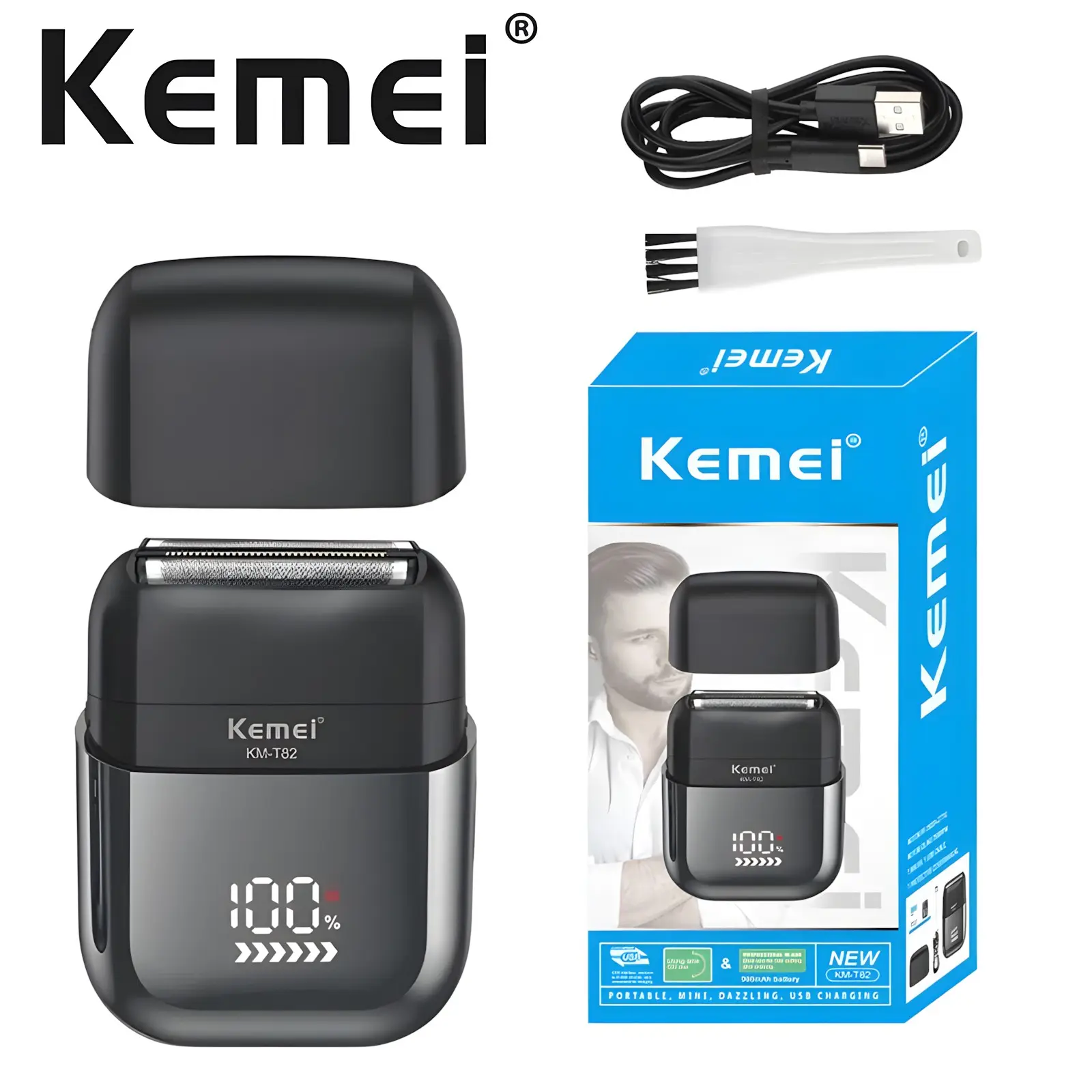 Kemei KM-T82 Electric Shaver | USB Rechargeable + LED Display + Washable | Reciprocating Beard Trimmer for Travel | Portable Beard Shaver