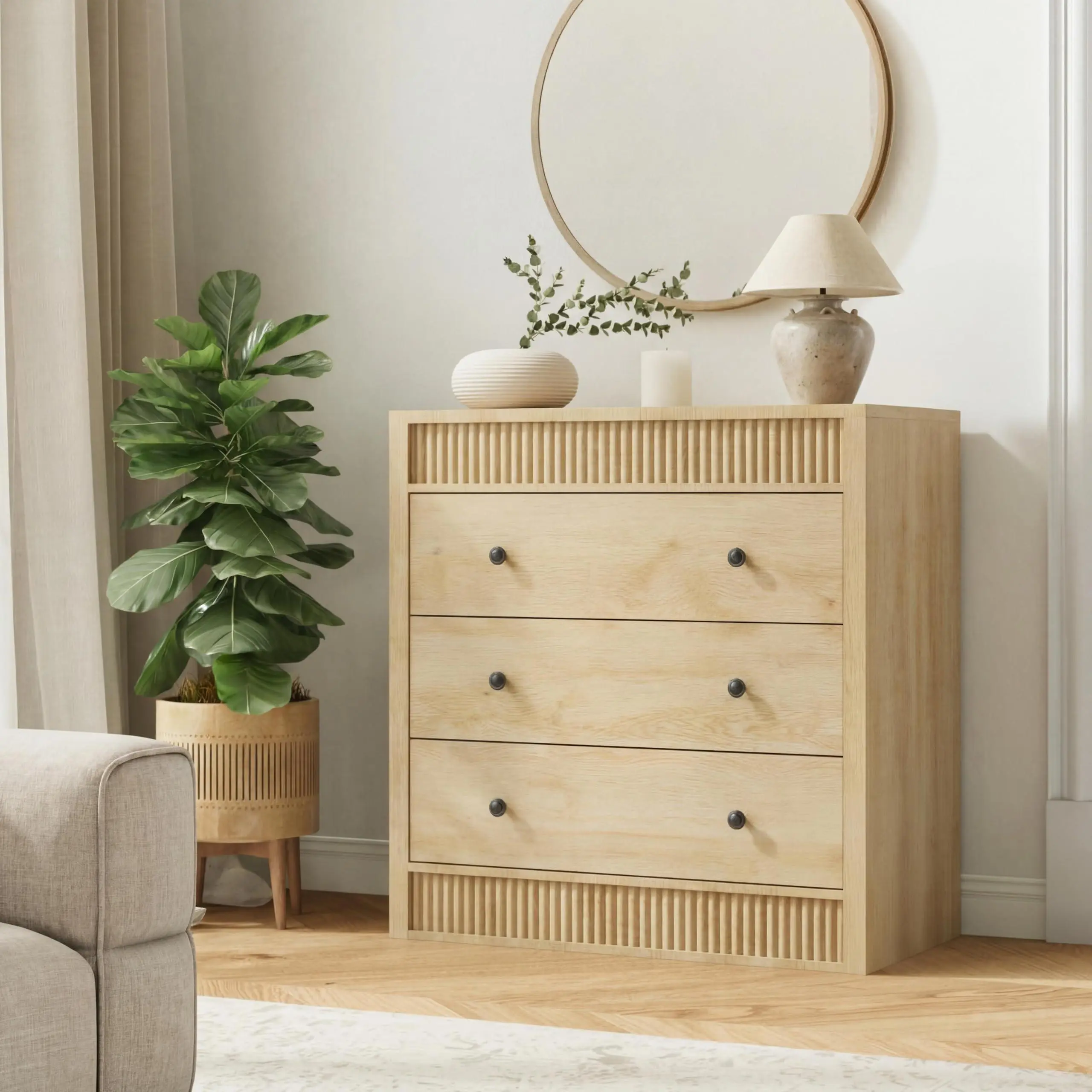 Natural Oak 31.5" Wide Nightstand with 3 Drawers, Fluted Bedside Table with Storage, Modern Wooden End Table for Bedroom