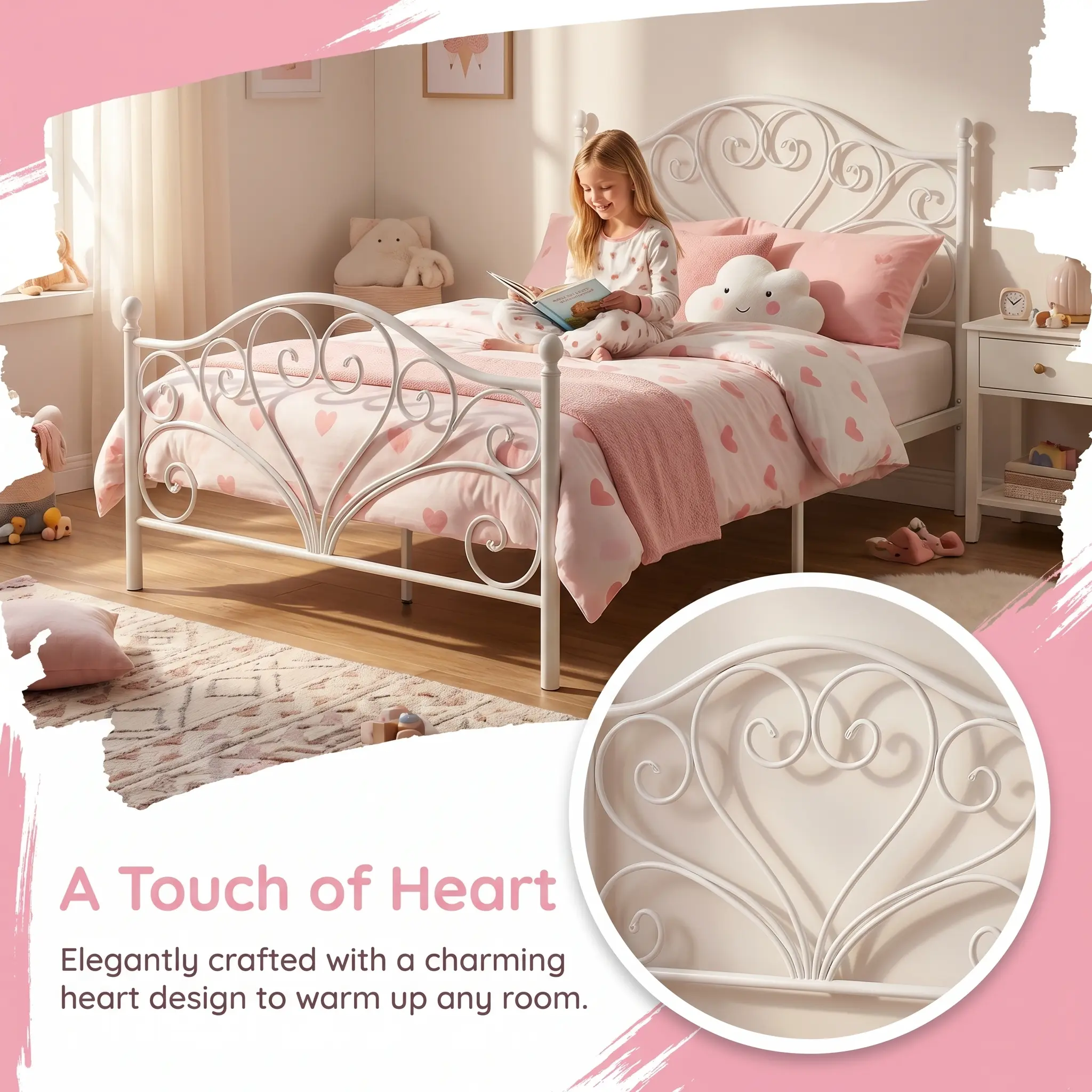 YJ-Garvee White Metal Twin-XL Bed Frame with Headboard and Footboard, Twin-XL Size Platform Bed Frame Featuring Iron-Art Sweet Heart Design, No Box Spring Needed, Easy Assembly