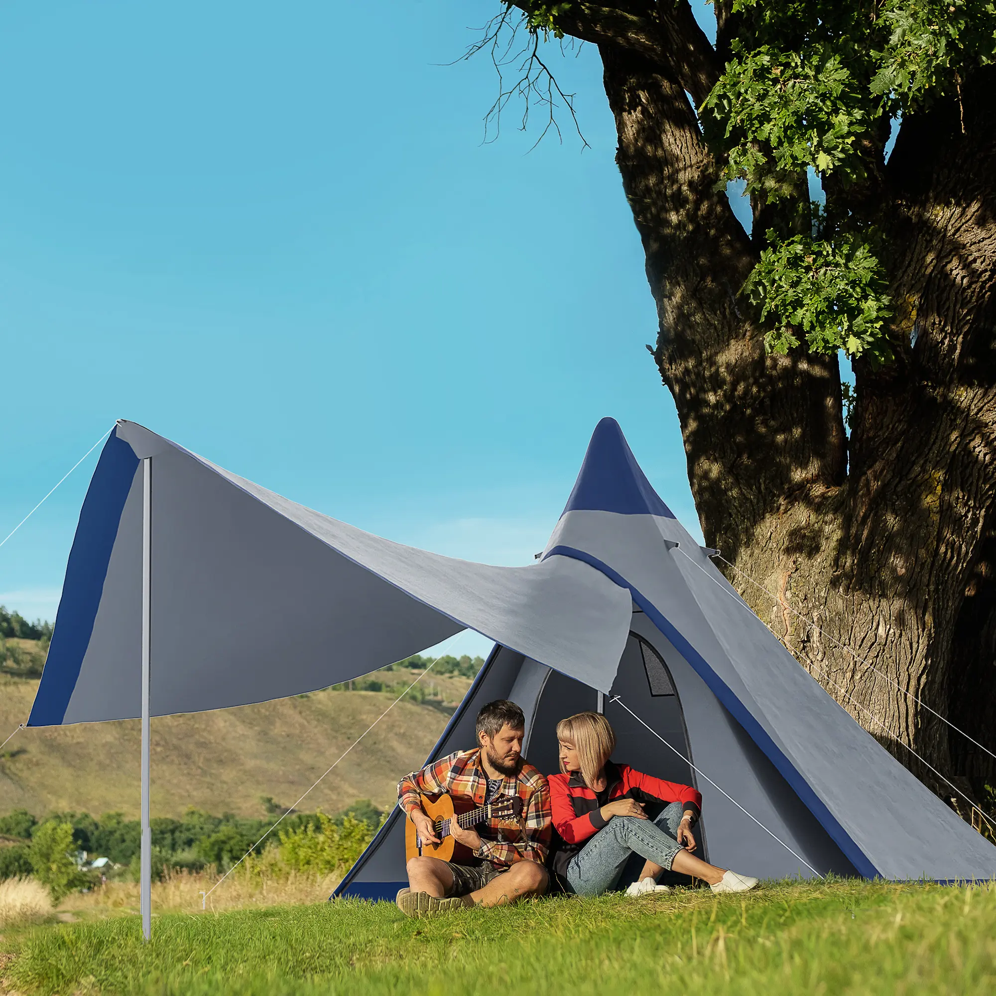 2-3 Person Teepee Camping Tent, 2000mm Waterproof Oxford Fabric, 15.4x15.4ft/185Lx185Wx102.25H Inches, Instant Setup, UV Protection, Porch Roof, Compact Folded for Hiking Camping