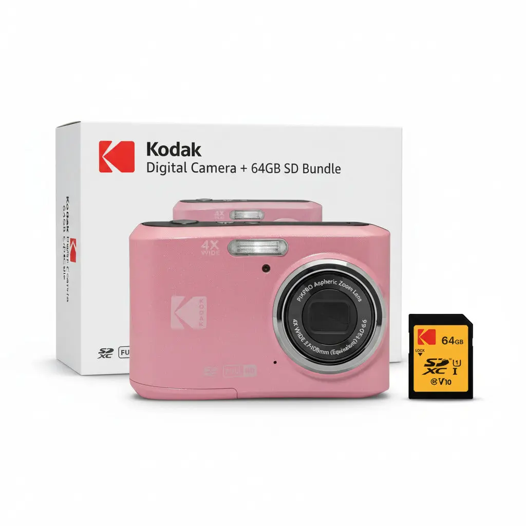 Kodak PixPro FZ45 Point & Shoot Digital Camera Bundle - 16MP, 1080p Full HD, Pastel Pink, Button-Operated, Memory Card, Extra Batteries, Protective Lens Accessory