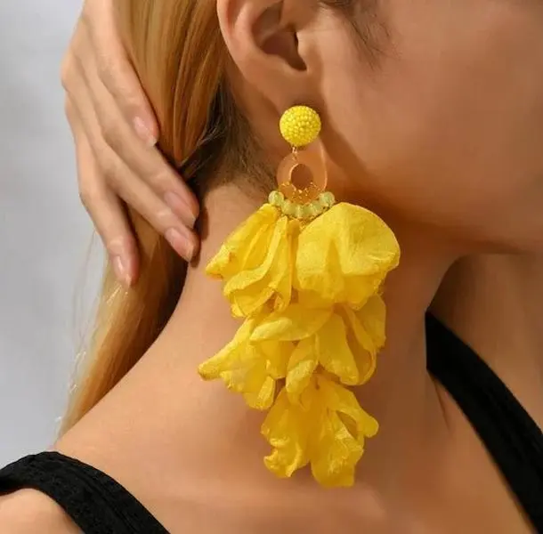 Flower Petal Glam Earrings - Yellow Beaded Lace Drop Earrings for Women - 4.9" L x 3" W - Stylish Fabric Accessory - Perfect Gift for Women