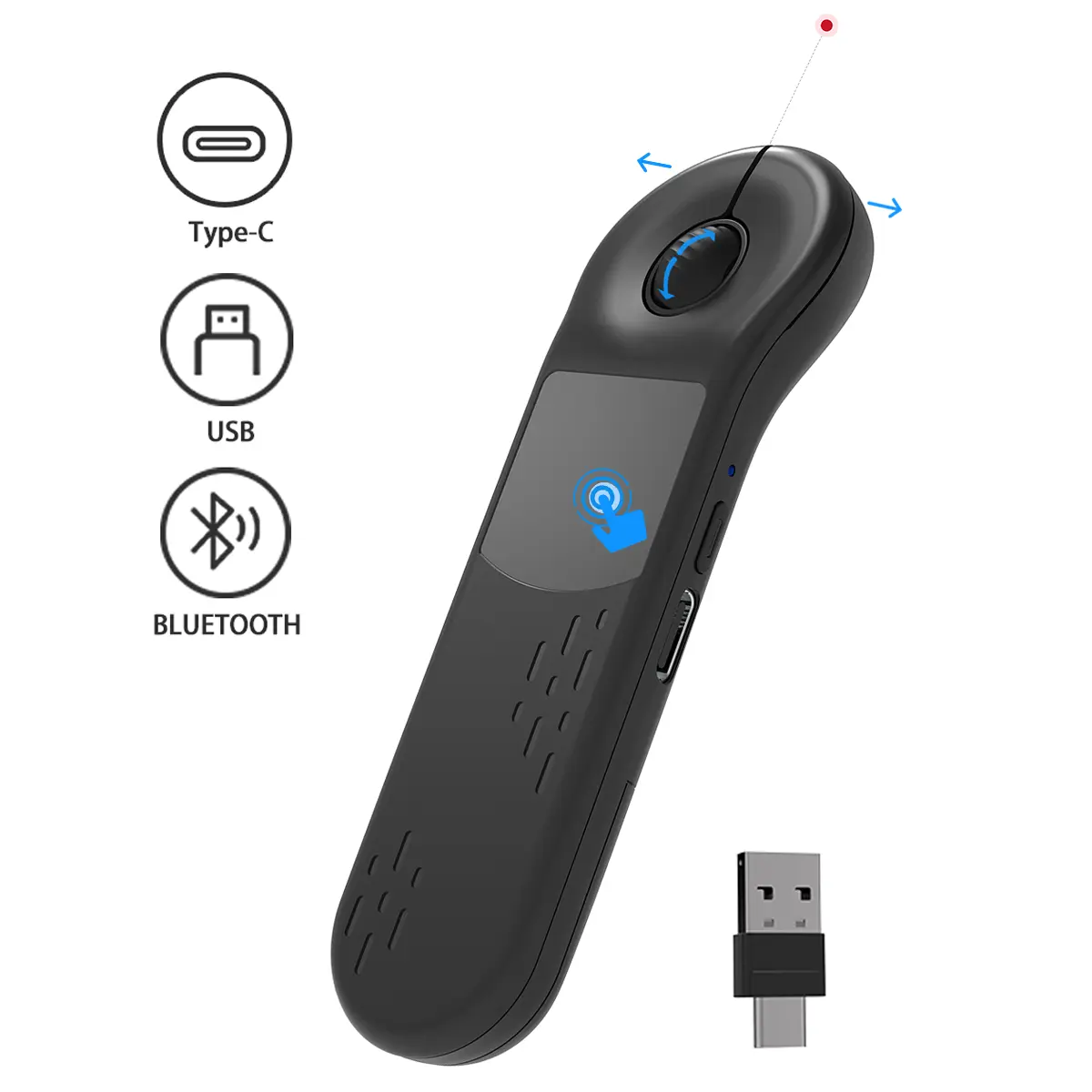 Bluetooth+2.4G Dual-Mode Air Laser Mouse;Turn pages in PowerPoint;Browse the web;Short video TikTok Remote Control Scrolling; Compatible systems: iOS, MacOS, Android, Windows