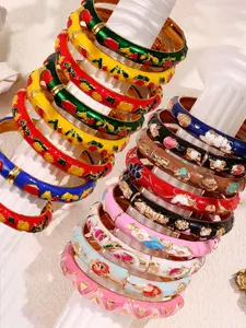 3/5/7pc Random Color Geometric Textured Vintage Elegant Luxury Palace Enamel Bangle Bracelets, Colorful Graffiti Flower Geometric Line Bracelets
