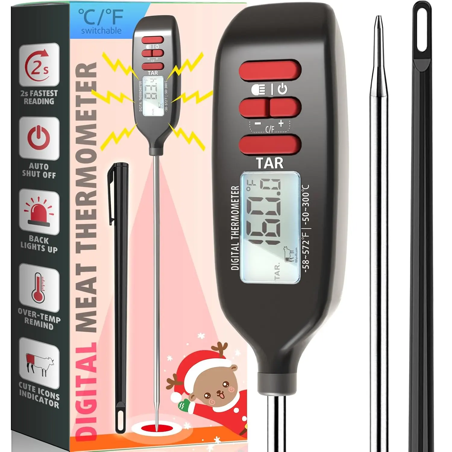 Meat  Digital,  Instant Read   with Super Long Probe for Cooking Grilling Baking Kitchen Candy BBQ Oil Liquid, Backlit Display,  Included