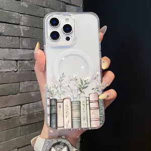 Magnetic Coquette Smartphone Case for iPhone 17,16 Pro Max,15 Plus,14,13,12,11,XS,XR - Pastel Flower Aesthetic Bookshelf Design, Shockproof TPU Silicone Cover, Waterproof Smartphone Accessory for Girls
