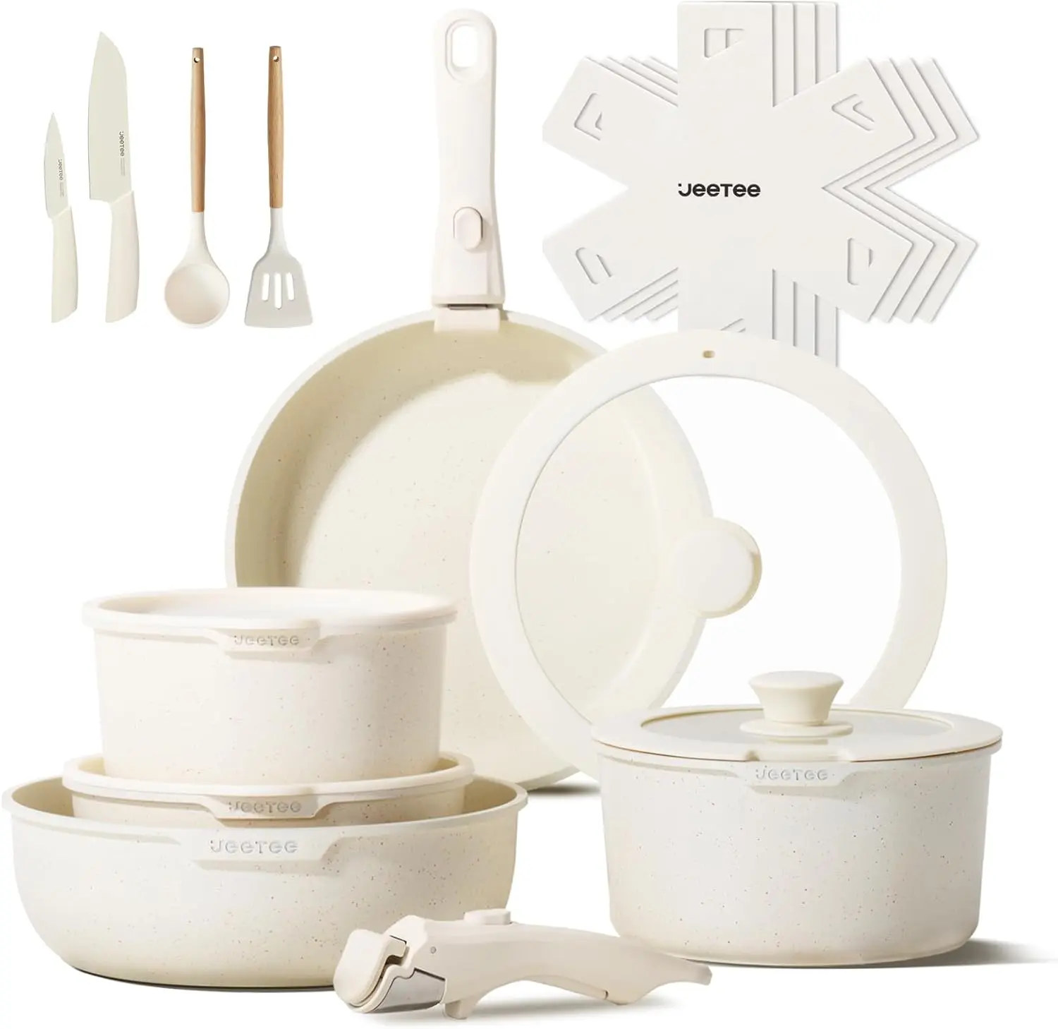 Jeetee 6/19pcs pots pans set Nonstick complete Cookware Set with Lids,Detachable Handle,Dishwasher Oven Safe,Kitchen Cooking Set stackable non-stick