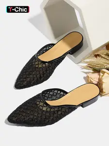 Women's Plus Size Summer New Mesh Sexy Breathable Pointed Toe Mid-Heel Slip-On Comfort Low Heel Sandals Shoes Mules