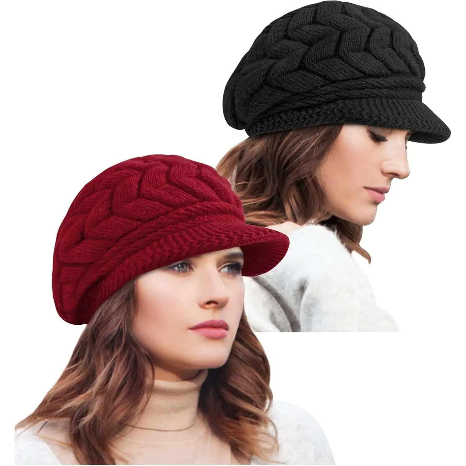 [Summervibes] 2Pcs/Set Womens Winter Hats,Windproof Warm Knit Hat,Slouchy Beanie Cap with Brim,Ideal for Outdoor Camping,Travel,Hangout,Halloween Christmas Party Valentine's Father's Day Gift