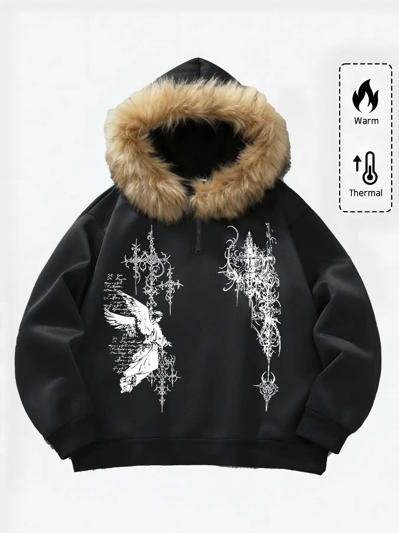Unisex Dark Style Letter Graphic Hoodie, Fleece Lined Half-Zip Jacket, Angel Print & Fur Collar, Casual Fall Winter, Pockets Design
