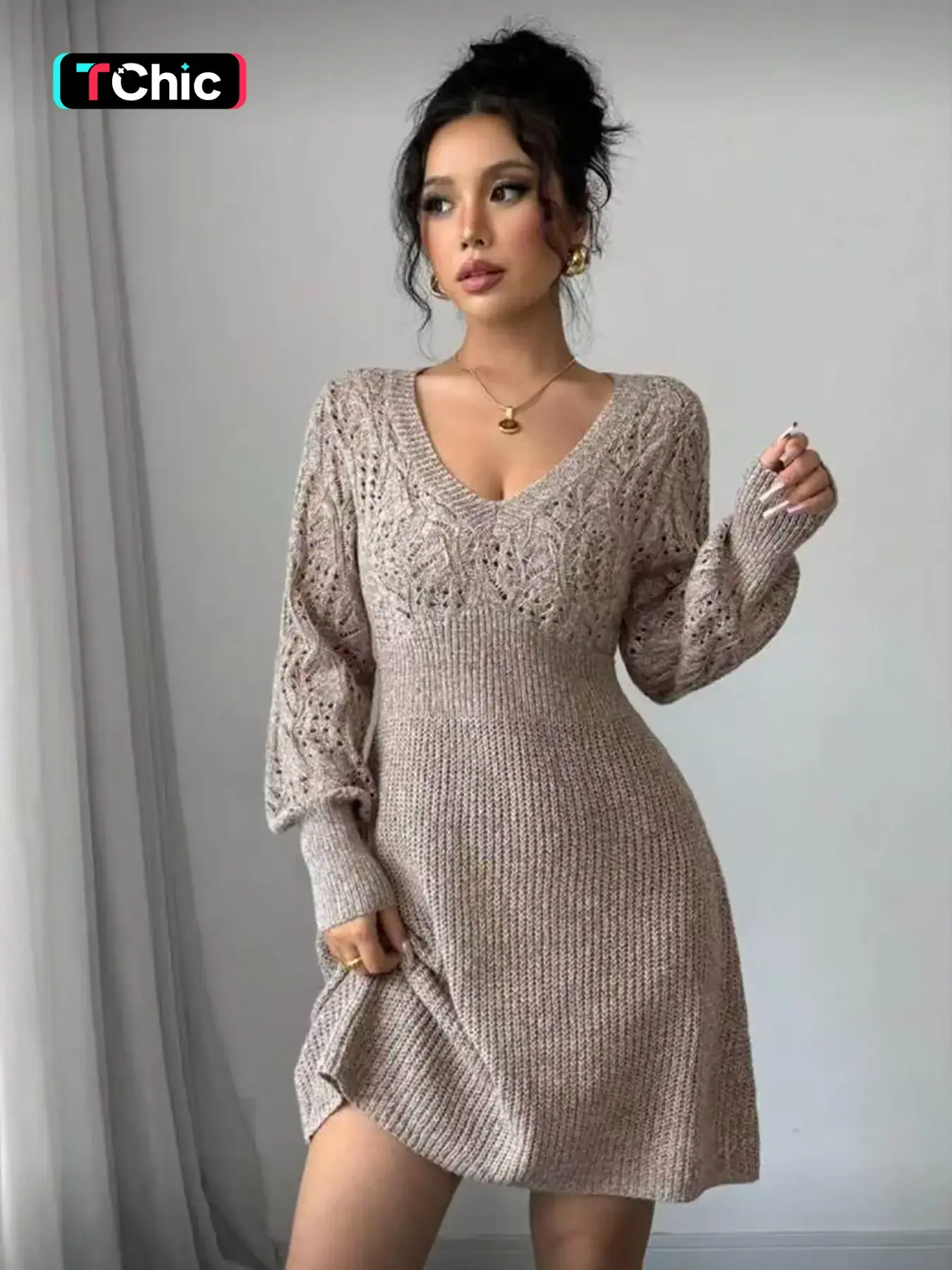 Women's Long Sleeve V-Neck Knit Dress, Fall Early Casual Wear Slimming Elegant Sweater Dress, Unique Design Waist Cinch Hemp Pattern High-Quality
