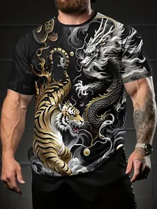 Men's 3D Digital Print T-Shirt, Casual Streetwear Menswear Fitted Short Sleeve Round Neck, 100% Polyester Fabric, Perfect Holiday Gift for Men
