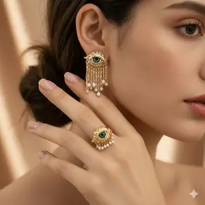 Kovonchy 2026 New Evil Eye Jewelry Set | 18k Gold Plated Tassel Earrings and Matching Ring | Exquisite Emerald Eye Jewelry | Stylish Bohemian Luxury Accessories, Suitable for Women's Everyday Casual Wear and Party Wear, Creative Gift