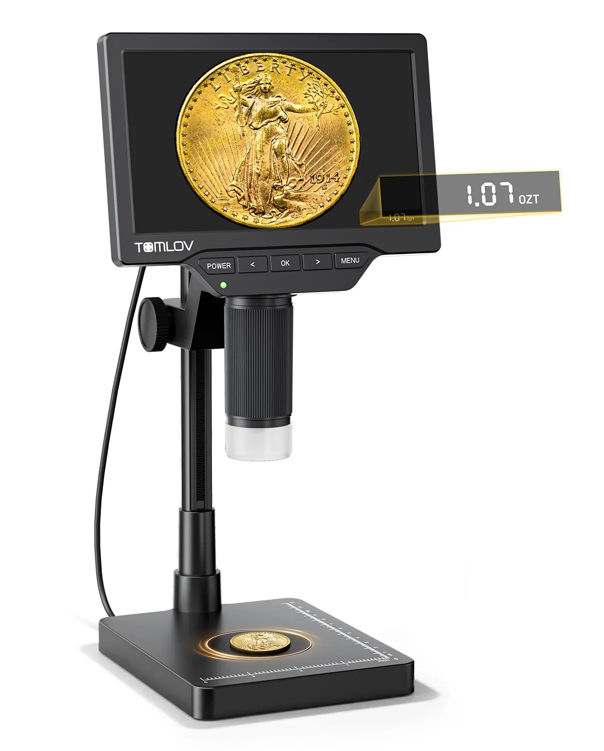 TOMLOV DM4W Max 7“ 2K Digital Coin Microscope with Built-in Weighing Scale | Full View Coin Magnifier, 0.1g Accuracy, Adjustable Lights, For Coin Collectors, Jewelers, Students, Windows/Mac Compatible