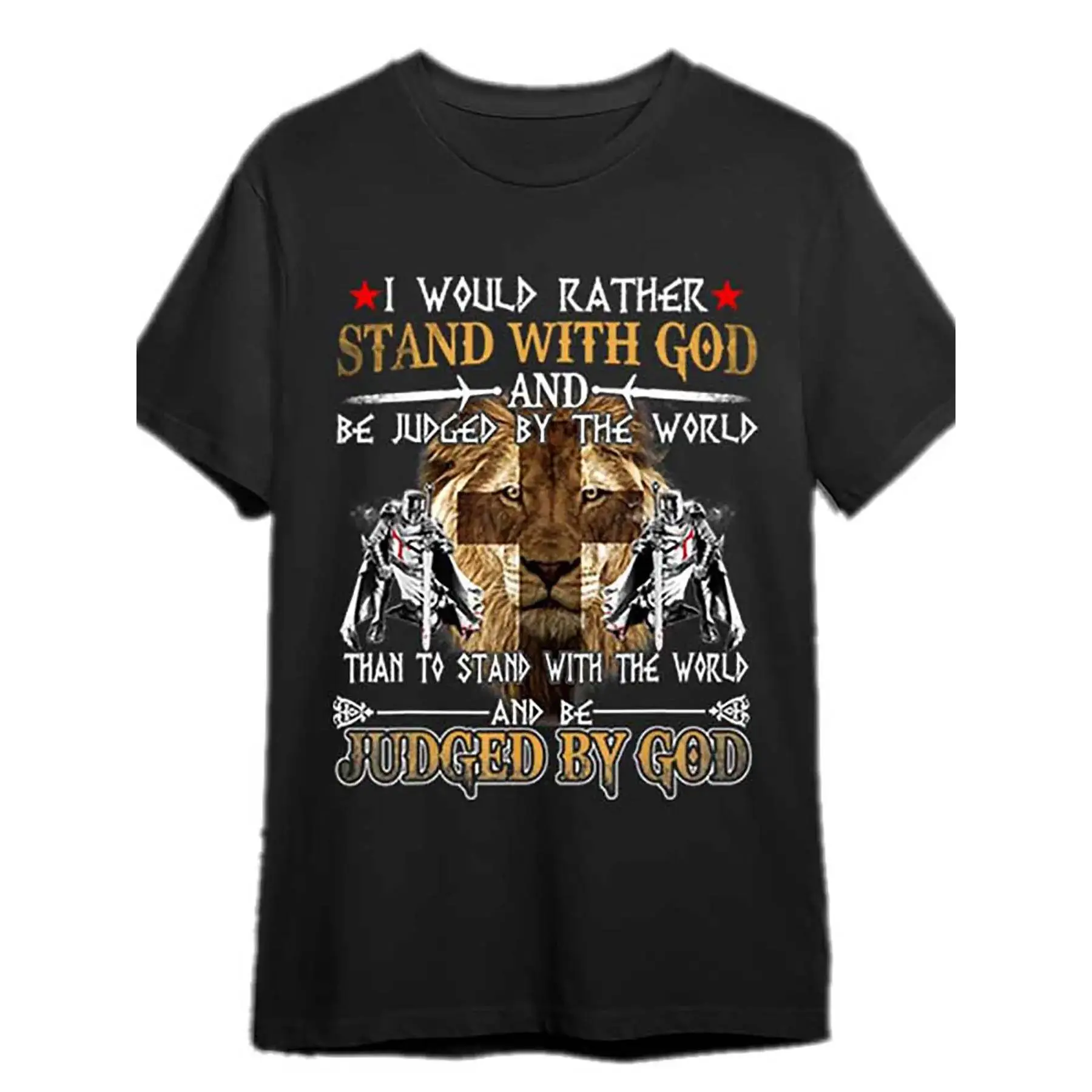 Men's "I'd Rather Be Judged By God" Knight Templar Christian Graphic T-Shirt - Lion & Cross Design, Bold Statement Tee, Short Sleeve Casual Round Neck, Machine Washable Black Shirt for Men 099